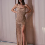 Champagne Glow – Abito lungo con frange gioiello